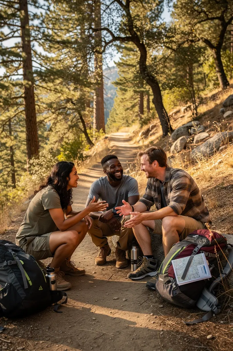 Community members discussing support group strategies outdoors